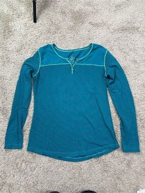 Kuhl Teal Striped Long-Sleeve Henley with Contrast Stitching